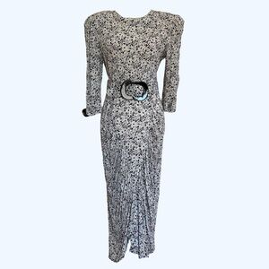 Black and White Floral Print Women's Vintage 80s Belted Long Sleeve Midi Dress